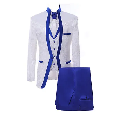 Men Suit Paisley Floral White Blue Edge Party Groom Tuxedo Wedding Prom Suit • $97