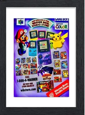 Vintage Framed Print Ad Wall Art 11x14 Nintendo Gameboy N64 Warner Bros Store • £57.84