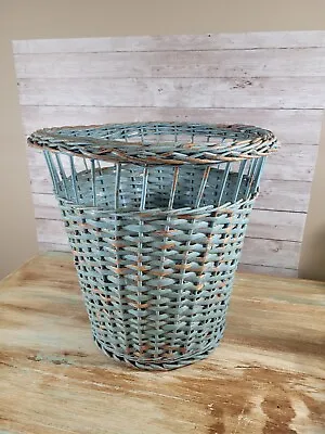 Vtg Wicker Laundry Basket 11.5  Chippy Paint Farmhouse Country Cottage Rustic • $84.99