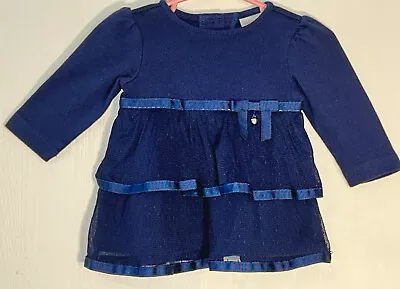 Maggie & Zoe Baby Girl 3-6M Dress Navy Blue Long Sleeve Tulle Tiers Ribbon Bow • $8.75