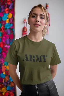 Womens Military TShirt ARMY Stamp Stencil War Hen Fancy Dress USA ORGANIC Cotton • £8.95