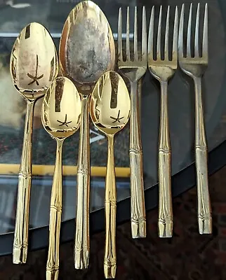 Lot OXFORD HALL Stainless Gold Tone Japan Bamboo Flatware Set Mid Century Servin • $14