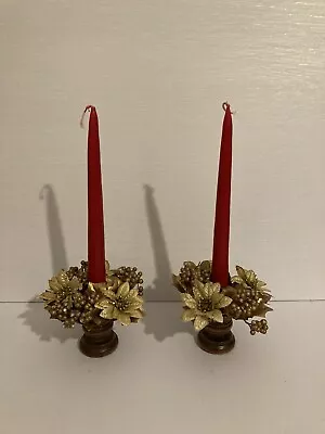 2 Vtg Christmas Wreath Taper Candle Ring Plastic Gold Berries Flowers Leaves • $9.95