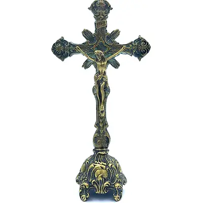 $52.96 • Buy Antique Altar Crucifix Brass Standing Cross Jesus Church 9 1/2 T Circa 1920