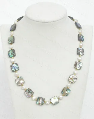 Natural 18  12X12mm Multi-color Abalone Shell White Pearls Necklace 9K Clasp • $17.99