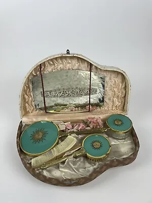 TEAL Sunburst Gold/Brass Handle Vanity Dresser Set With Original Box Vintage • $55.99