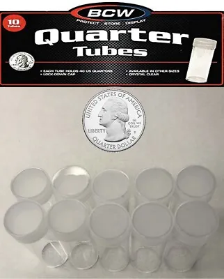 10 Round Quarter Coin Storage Tubes Clear Plastic Lot W Screw Caps BCW Free Post • $7.95