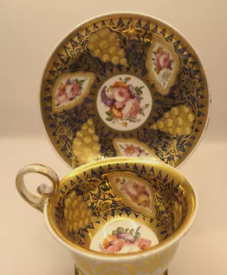 Pretty Regency Coalport C.1825 Empire Handle Floral Grapes Tea Cup & Saucer (86) • £29.99