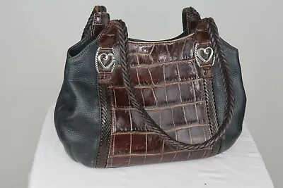 Vtg Brighton Black Pebble Leather Satchel Handbag 3 Compartment Braided Straps • $23.12