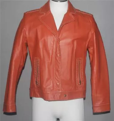 VTG Marc Mattis Burnt Orange Snap Front Moto Style Lined Leather Jacket Mn's L • $69.99