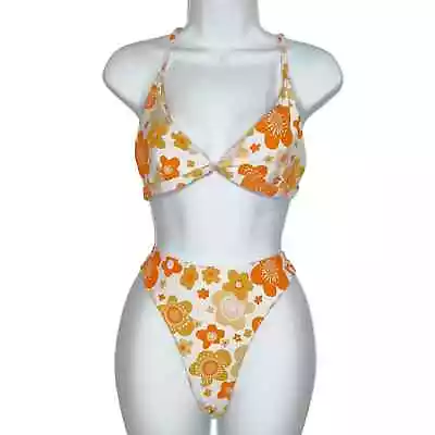 Aurelle L McCall Bikini Set Orange Retro Floral Print Two Piece • $33.25