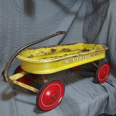 Vintage Metal Childs Coaster Wagon Round Front Viking Yellow Band Wheels • $220