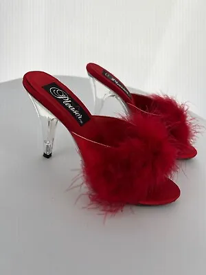 Pleaser USA Romance-04 Red Satin With Marabou Fur Trim Mule IN-STOCK • £21.25