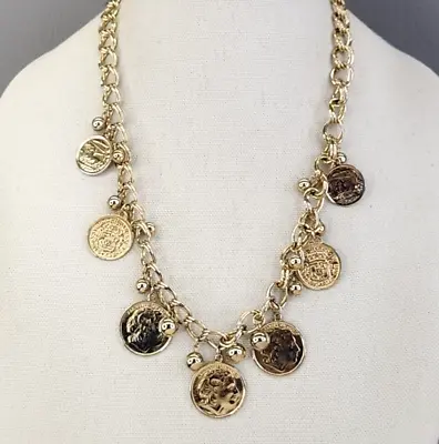 Coin Necklace Charms Dangles Gold Tone Double Curb Chain Alexander The Great 23  • $22