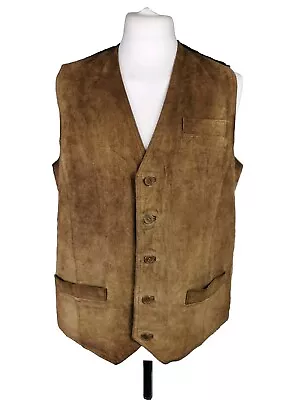 Vintage Men's Brown Leather Suede Western Waistcoat Vest Gilet Size 46 Cowboy • £27.95