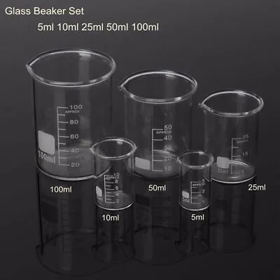 5X 5-100ml Lab Glass Cup Beaker Borosilicate Laboratory Measuring Glassware Set • £7.99