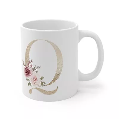 Gold Letter Q With Pink Flowers Ceramic Mug 11oz • $19.99