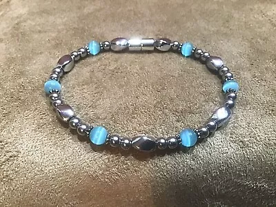 Men's Women's Silver Magnetic Hematite Aqua Bead Single Bracelet Or Anklet • $31.99