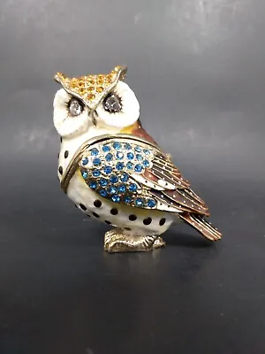 Enamel Horned Owl Trinket Box Blue Gold Rhinestones Vintage Figurine 2.75  • $19.99