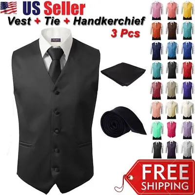 SET Vest Tie Hankie Fashion Men's Formal Dress Suit Slim Tuxedo Waistcoat Coat • $22.99