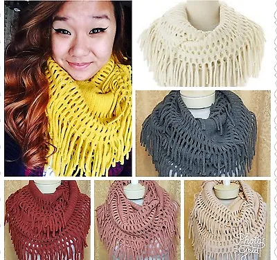 Fringe Infinity Scarf Knit Loop Winter Circle Cable Fringed Warm Long Fashion US • $15.99