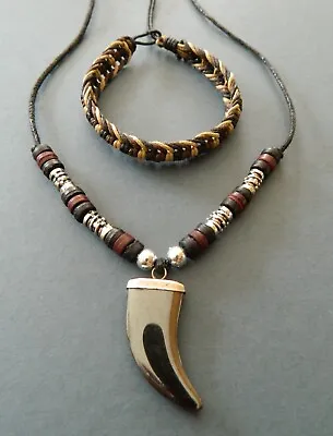 Hematite Shark Tooth Necklace Pendant Wolf Teeth Mens Boys Jewellery Gift Set • £9.99