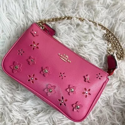 COACH Floral Appliqué Chain Handbag Pink Leather Jp • $129