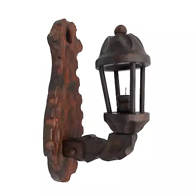 Hand Carved Rustic Candlestick Holder Primitive Wooden Hallway Wall Lantern • £40