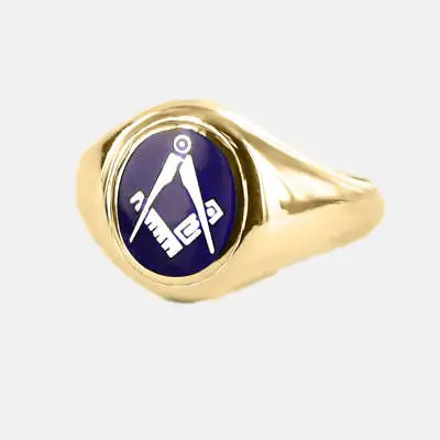 Gold Square And Compass Oval Head Masonic Ring (Blue) - Fixed Head • £719.34