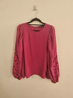 DECJUBA Size 12 Fushia Pink Round Neck Long Balloon Sleeve Basic Blouse Crepe • $34.95