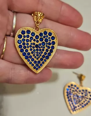 Authentic VERSACE EARRINGS Medusa Large Dangle Heart Blue Cabochon Gems GHW • $175