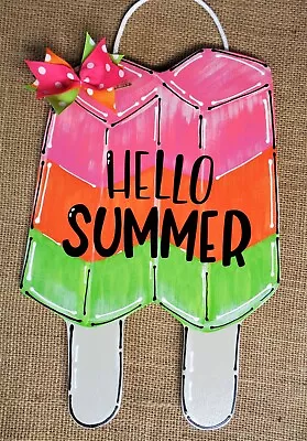 HELLO SUMMER POPSICLE SIGN Deck Patio Porch Door Hanger Plaque Wood Wall • $13