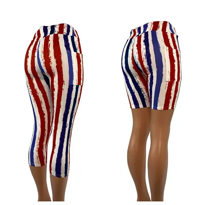 Red White & Blue Vertical Stripes - With POCKETS Capris Or Shorts! 4th Of July • $17.97