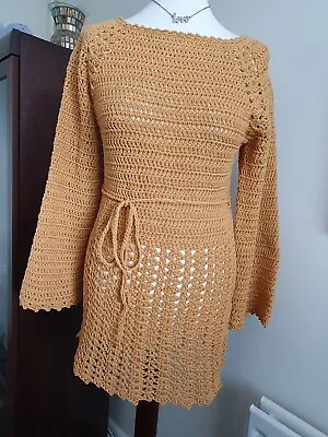 Ladies L/S Hand-crochet Retro Mini Dress Hand Crocheted Size 36  Gold • £35