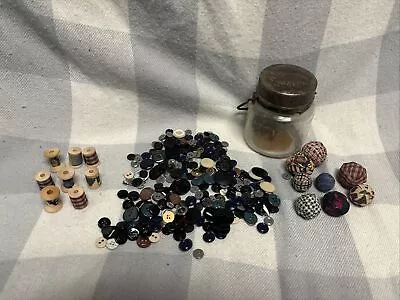 Random Vintage Buttons  Fabric Balls Mini Spools And Jar • $29.99