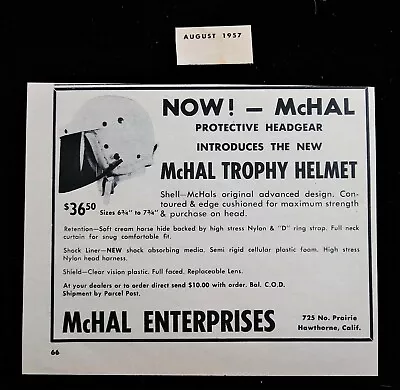 Vintage 1950's Racecar Motorcycle Bike - McHal Trophy Helmet - 1957 Print AD • $9.95