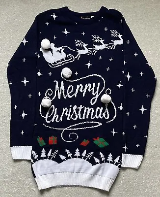LE MISSEY Navy Women’s CHRISTMAS JUMPER Long Line Santa Reindeer Size  12/14 • £11.49