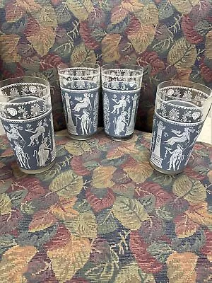 Vintage MCM Wedgwood Blue Jeanette Hellenic Tumbler Glasses ~ 5in Set Of 4 • $11