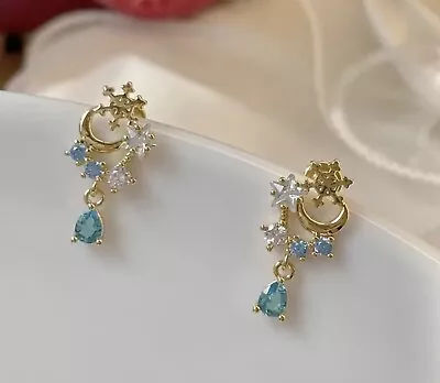 Earrings Stud Flower Spade Snowflake Star Moon CZ 14k Gold Crystal Kate • $23.91