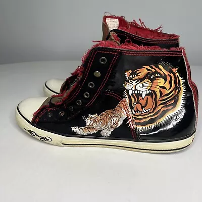 ED HARDY HIGH TOP Sneakers NO LACE Tattoo TIGER Patent BLACK Fray Womens Sz 12 • $25.99