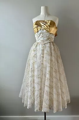 1950s Vintage Gold And White Tea Length Prom Dress Tulle Skirt • $225