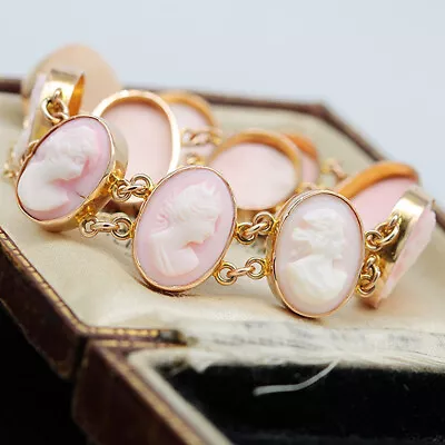 Antique 9ct Yellow Gold Pink Shell Cameo Bracelet 6.8'' 16.49gr • £479