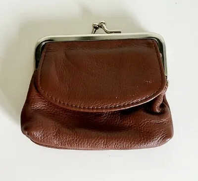 Vintage Genuine Leather Kiss Lock Coin Purse Brown  • $12