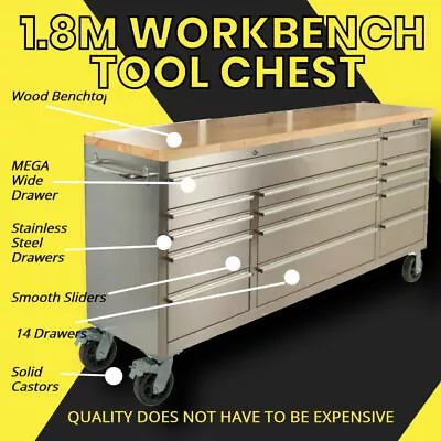 1.8M Stainless Steel Tool Chest Wood Workbench Mega Drawer Unit GT1814W • $1199