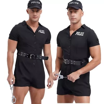 Men Bodysuit Dress Up Romper Belt Costume Security Guard Outfits Police Uniform • £10.79