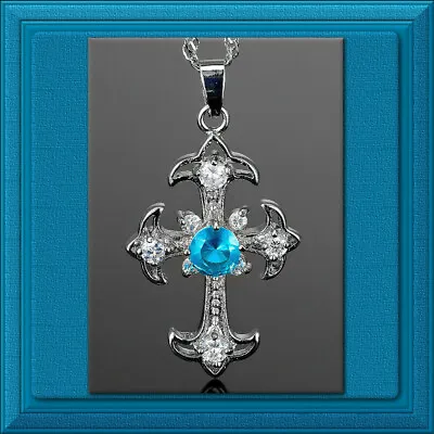 $11.50 • Buy SILVER Plate BLUE TOPAZ Fleur De Lis CROSS Necklace Pouch DECEMBER Birthstone