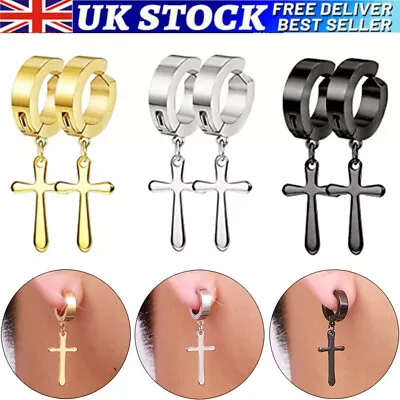 Clip On Surgical Steel Hoop Earrings With Cross For Men Gold Silver Black Women • £3.99