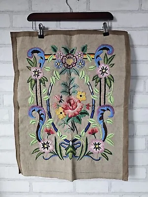 Vintage Jacobean Crewel Embroidered Panel On Linen  • £59.95