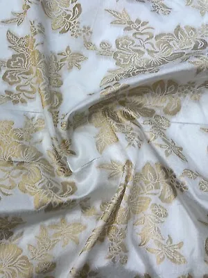 Ivory / Gold Metallic Jacquard Brocade Floral Blossom Craft Wide 50” • £9.99