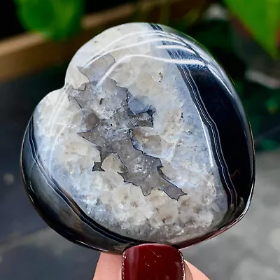 43G Natural Black Striped Agate Heart Quartz Crystal  Mineral Sample Reiki • $0.99